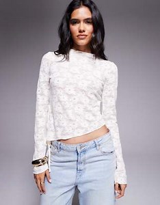 Brave Soul high neck long sleeve lace top with assymetric hem in cream | ASOS