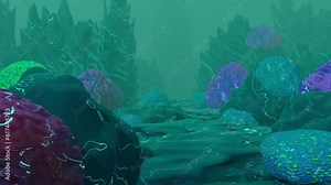 Underwater deep sea background with coral reef. 4K loop video animation 3D render. Underwater life. place for text. Backdrop
