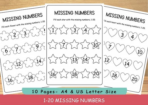 Missing Numbers 1-20 | Math Worksheets for Early Learners | 1st Grade & Preschool Kindergarten Math Practice | Fill in the Blanks Activity - Etsy