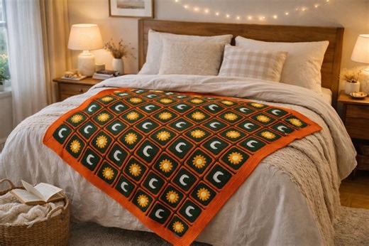 Sun and Moon Crochet Blanket, Boho Granny Square Throw, Retro Orange Green Couch Blanket, Celestial Home Decor - Etsy
