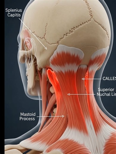 "Follow the path of the splenius capitis to its skull insertions—key f...