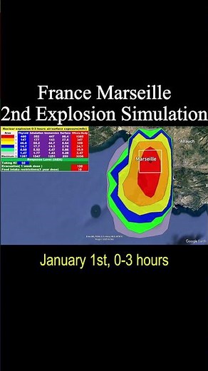 France Marseille 2nd blast simulation, Death zone of radiation. Zone de rayonnement mortelle