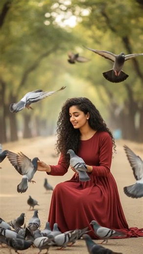 1. Open Google Flow Labs/VEO-2or3 2. Upload Your Image 3. Type the Prompt👇🎬 "A beautifully shot, 8-second cinematic video clip. A young woman with long, curly hair, wearing a flowing deep red full-sleeved dress, is crouching on a wide, dirt road lined with lush green trees. She is gently feeding or holding a pigeon in her hand, surrounded by a large flock of pigeons on the ground. Several pigeons are captured in mid-flight, fluttering their wings and taking off, creating a dynamic, serene moti