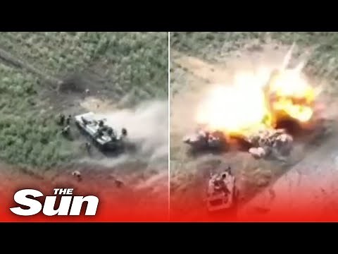 Moment Russian tank EXPLODES driving over mine in Donbas region forcing crew flee for their lives