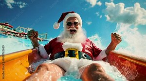 Cool Fun Summer Holidays Santa Claus Relaxing by the Beach. Playful and Festive Vacation Scene for a Unique Christmas Celebration