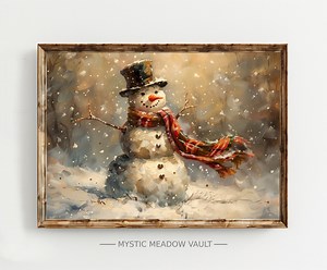 Vintage Snowman Art Print | Nostalgic Winter Decor| Vintage Holiday Print | Christmas Cheer Painting | Snowy Art | Printable Snowman - Etsy