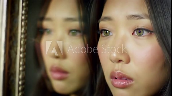 Beautiful Asian Woman Gazing Intently with Reflection in Ornate Mirror Frame