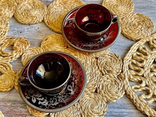 1930s Ruby & Wine Silver Overlay Glass Teacup and Saucer Set – Art Deco Depression Era - Etsy