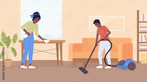 Animated dividing household chores. Cleaning routine. Vacuuming and wiping down. Looped flat color 2D cartoon characters animation with living room interior on background. 4K video with alpha channel
