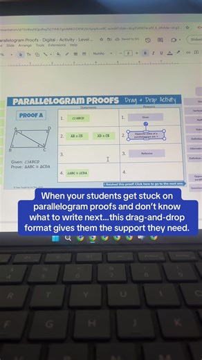🔥 When proofs turn into guessing and students freeze halfway through… 🧠 This drag-and-drop proof activity helps students get the support they need with parallelogram proofs instead of staring at a blank page 📄 Available in print and digital, so it works whether you’re on paper or screens ⏱️ Ready to use - no rewriting proofs or building examples 🔗 Grab it in my TPT store, or comment “proofs” and I’ll send you the link #mathteacher #highschoolmathteacher #geometryteacher #teacherresources #te