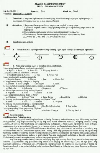 Araling Panlipunan Grade 7 Activity Sheet week 1 Quarter 1