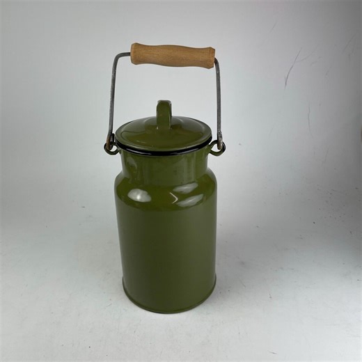 Vintage Enamel Milk Can Jar Canister Green Made in Poland With Lid Wooden Handle - Etsy