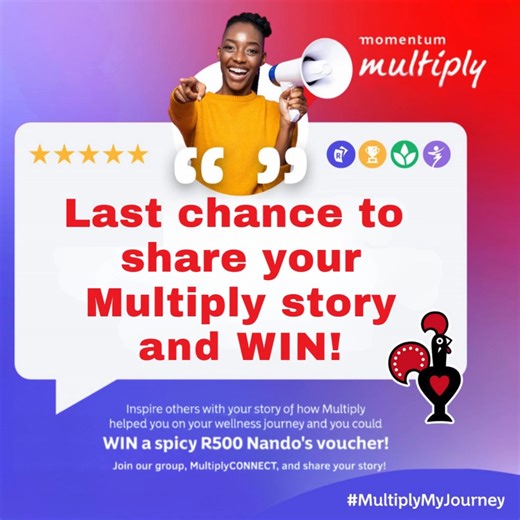 Have you shared your favourite Multiply app feature with the MultiplyCONNECT group yet? Whether it’s crushing your Active Dayz, gaining insights through the Digital Health Assessment, or celebrating your Rewards and Wins – we want to hear from YOU about one of these three! Share what you’ve enjoyed most and why, right here in the group. You could be one of four lucky members to win a R500 Nando's voucher – but only if you’ve shared your testimony! Remember to include #MultiplyMyJourney. Don’t mi