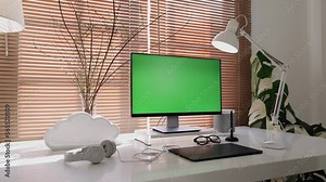 Slide shot computer display monitor with green screen chroma key mock-up in the modern work space table. Dolly slider shot 4K footage.