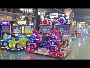 A high-end indoor flight simulation arcade machine with a bold aircraft-themed design