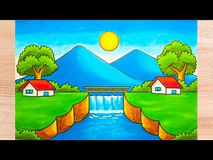 So Easy! How to Draw a Waterfall and Blue Mountains | Step by Step Scenery Drawing with Crayons