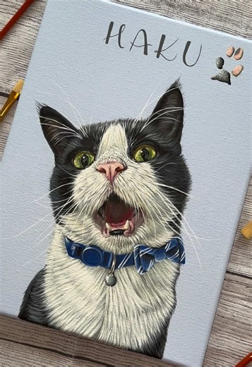 H A K U 🐾🐈‍⬛🪽 Painted on a 9x12” canvas with acrylic 🎨 This portrait was painted in memory of sweet Haku.🤍 Adding his paw print was such a special touch and an amazing idea from my customer! I am currently taking commissions for September 2025! ✨ #petportrait #artist #catlover #cattok #acrylicpainting #petlover #painting #fyp #arttok