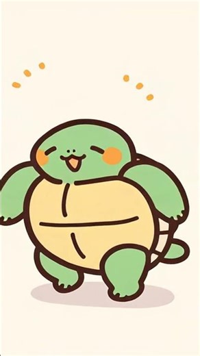 Cute cartoon turtle with arms raised in the air, dancing happily in a loop. The turtle has round ...