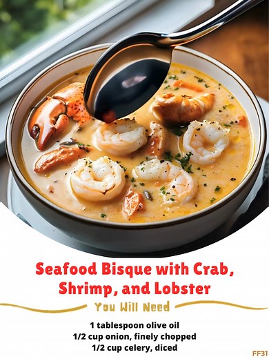 1.2K views | Seafood  Bisque with Crab, Shrimp, and Lobster Ingredients: - 1 tablespoon olive oil - 1/2 cup onion, finely chopped - 1/2 cup celery, diced - 1/2 cup carrots, diced - 2 cloves garlic, minced - 4 cups seafood stock (or vegetable broth) - 1 cup heavy cream ..... Full Recipe in Coʍmеոτ  藍 | Homemade Flavors | Facebook