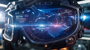 A person with goggles exploring a futuristic environment, Designing futuristic user interfaces for virtual reality applications