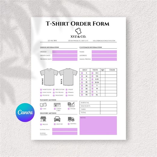 Editable T-shirt Order Form Template | Canva Printable (digital Download) - Etsy