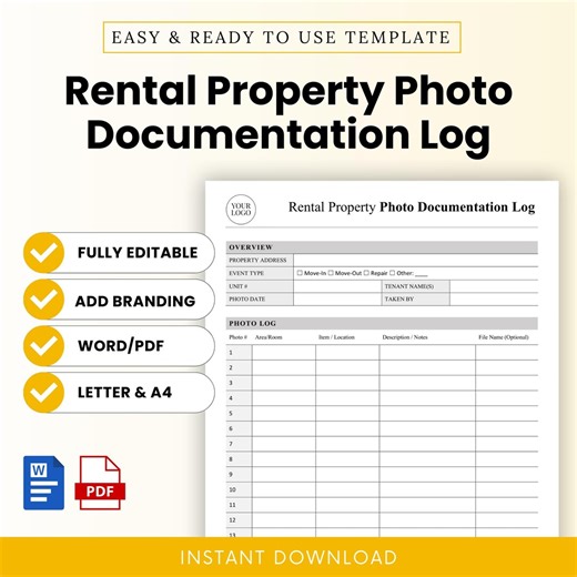Rental Property Photo Documentation Log Template – Word & PDF, A4   US Letter - Etsy