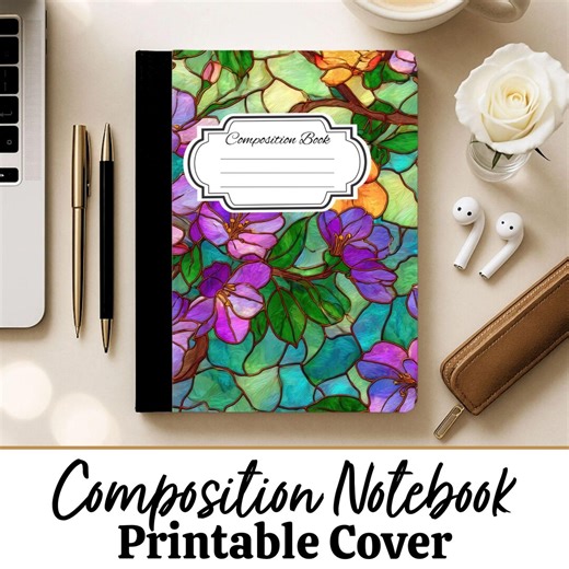 COMPOSITION NOTEBOOK COVER Stained Glass Floral Printable for Back to School Notebook Customizable Journal Diy Binder Spring Flowers Easter - Etsy