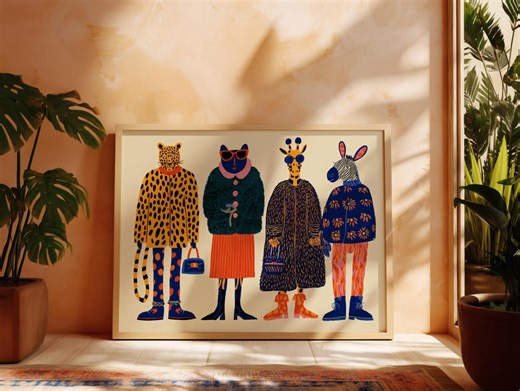 Whimsical Animal Fashion Art Print: Mid-century Modern Colorful Wall Decor - Etsy