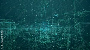 Looped abstract background with digital buildings and visual animation of random numbers and tech futuristic elements. Ideal for corporate presentations, architectural companies, stock exchanges.