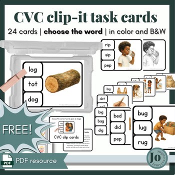 FREE | 24 task cards with realistic watercolor images | CVC clip cards | PDF