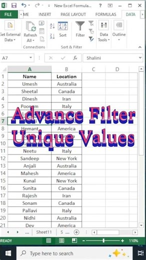 Excel Advance Filter | Unique Values #ytshorts #shorts #shortvideo #excel #exceltips #exceltutorial