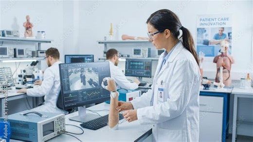 Wearable biosensors prosthetic limb testing in clinical laboratory for monitoring vital signs and motion by researchers and engineers