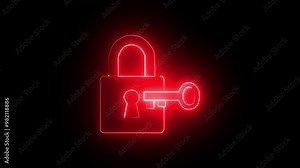 Lock logo and key icon icon animation with neon glowing lines on a black background. Stock Video