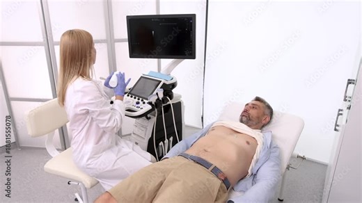 Heart ultrasound exam for adult man with ultrasound specialist while medical exam at hospital