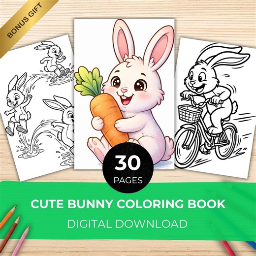 Cute Bunny Coloring Book for Kids & Adults | 30 Adorable Rabbit Pages | Kawaii Bunny Colouring Book | Printable PDF Download - Etsy