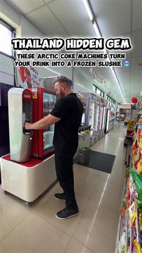 Scott Michael on Instagram: "The Arctic Coke Machine, a Thailand hidden gem in the most unexpected place, a 7-Eleven🥤🥶 How it works blew my mind?! The cooler holds drinks at around 30 degrees Fahrenheit, which is just below the standard freezing point , but the pressurized, unopened bottle prevents it from turning into ice. The machine to the left of the cooler utilizes a vibration mechanism on the platform to disturb the supercooled liquid. The vibration triggers the formation of ice crystals