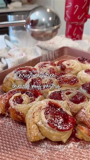 The easiest way to make your mornings merry & bright - when dessert meets Christmas morning brunch 🍒✨ Save this for your holiday brunch lineup! I wanted to do puff pastry instead of crescent type roll because there’s nothing better than that flakey crust!!! These turned out so much better than I expected and were so easy to make!!! Make sure you SAVE THIS so you can make it this holiday season!!! 2 rolls of puff pastry cut into strips, about an inch thick. In a bowl combine 4 oz of cream cheese