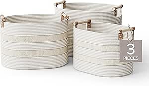 RGI Home Storage Baskets for Organizing, Textured Linen and Fabric Rope, Set of 3 Oval Decorative Woven Bins, Multi-Sized with Easy-Carry Premium Wooden Handles, Cream with Ivory Trim