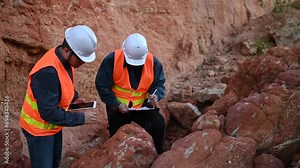 Geologist surveying mine,Explorers collect soil samples to look for minerals.