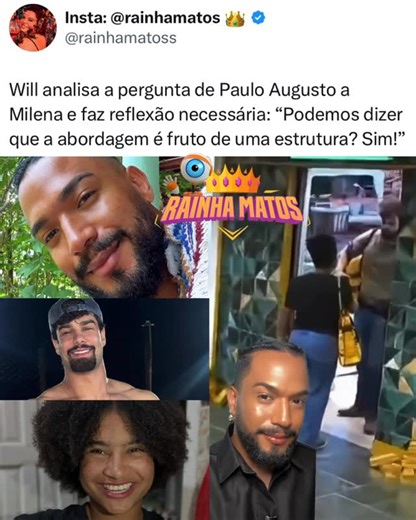 Andréia Matos on Instagram: "O @willosou trouxe à tona um ponto que diz muito mais do que parece à primeira vista. A chegada de Paulo Augusto já começou marcada por um questionamento que não passou despercebido: ao perguntar se Milena “também era uma participante”, abriu-se um debate necessário sobre percepção, pertencimento e estruturas invisíveis que moldam comportamentos. E é justamente aí que o “mimi” se torna relevante: não para cancelar, mas para refletir e questionar padrões que muitas ve