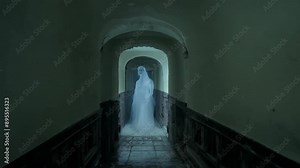 Scary Ghost Woman Down the Hallway of Old Abandoned Haunted House, POV Horror