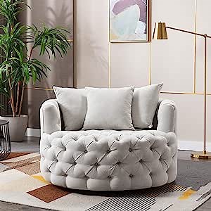 Toyfun Swivel Barrel Chair, Modern Swivel Accent Sofa Barrel Chair with 3 Pillow, Modern Linen Leisure Chair Round Accent Lounge Swivel Chair for Hotel Living Room