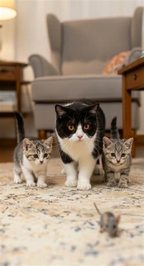 Mama Cat Teaches Her Kittens How to Catch a Mouse! 🐱🐭💕