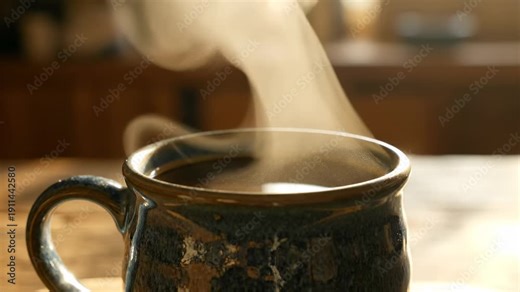 Steam rising from hot beverage cup in cozy kitchen setting