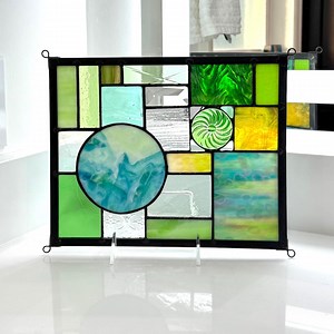 Abstract Stained Glass Panel – Handmade Geometric Window Art in Green With Spiral Glass Jewel - Etsy