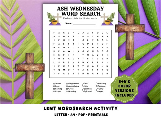 Ash Wednesday Wordsearch Activity: School Lesson, Bible Study, Easter, Jesus, Lenten Classroom Page for Kids, Game Puzzle Christian Catholic - Etsy