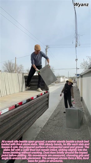 farm life vlog worker unloads stone slabs from truck onto sand base
