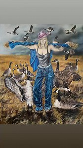 Re-visiting a painting from 2021 🔴sold to a new collector 🤩 with many thanks🙏 to gallery Ateljé M in @Vansbro, Sweden. A self portrait, where by blending reality and fantasy into a small story with an open end... I have tried to give indications to my past, as a young person. Centring the canvas with the self in an iconic position, dressed in a mismatched way, denim being my favourite material of comfort and topped off with a dandy hat. Figuring as a scarecrow in an already harvested open lan