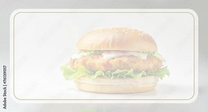 Crispy Chicken Burger Sliding into Frame with Text Placeholder. White free space for lettering, title, description or recipe. Video screensaver for text with a juicy burger. Fast Food.