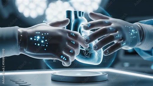 Futuristic Remote Surgery Interface with Glowing Haptic Gloves and 3D Organ Hologram